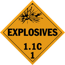 Diamond-shaped orange warning sign for explosives with classification 1.1C.