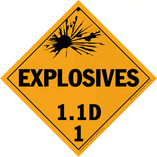 Diamond-shaped orange warning sign for explosives with classification 1.1D.