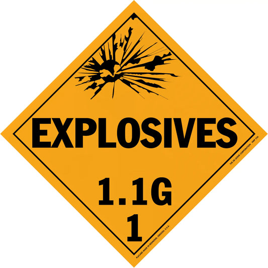 Diamond-shaped orange warning sign for explosives class 1.1G hazardous materials.