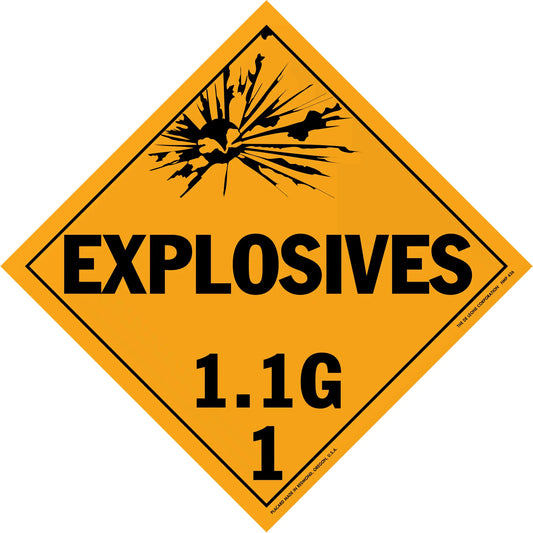 Diamond-shaped orange warning sign for Explosives 1.1G hazard class.