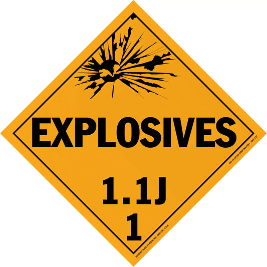 Diamond-shaped orange warning sign for explosives with hazard class 1.1J.