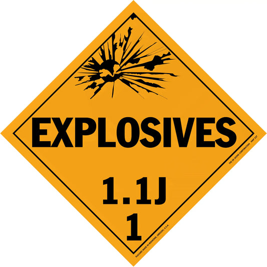 Diamond-shaped orange warning sign for explosives with hazard class 1.1J.