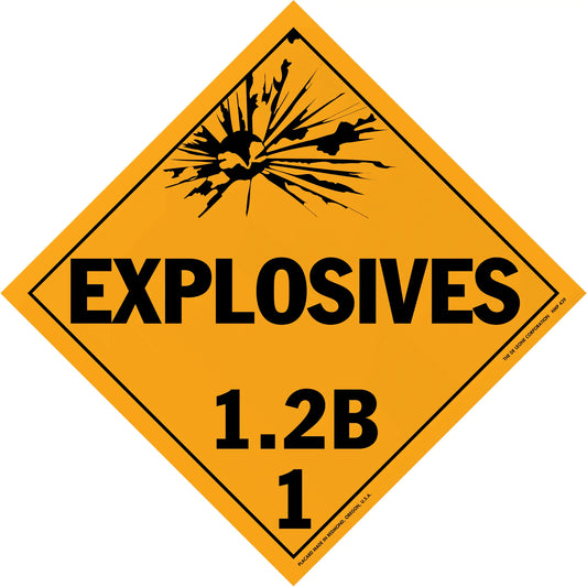 Diamond-shaped orange warning sign for explosives hazard class 1.2B.
