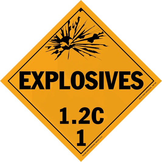 Diamond-shaped orange warning sign for explosives with hazard class 1.2C.