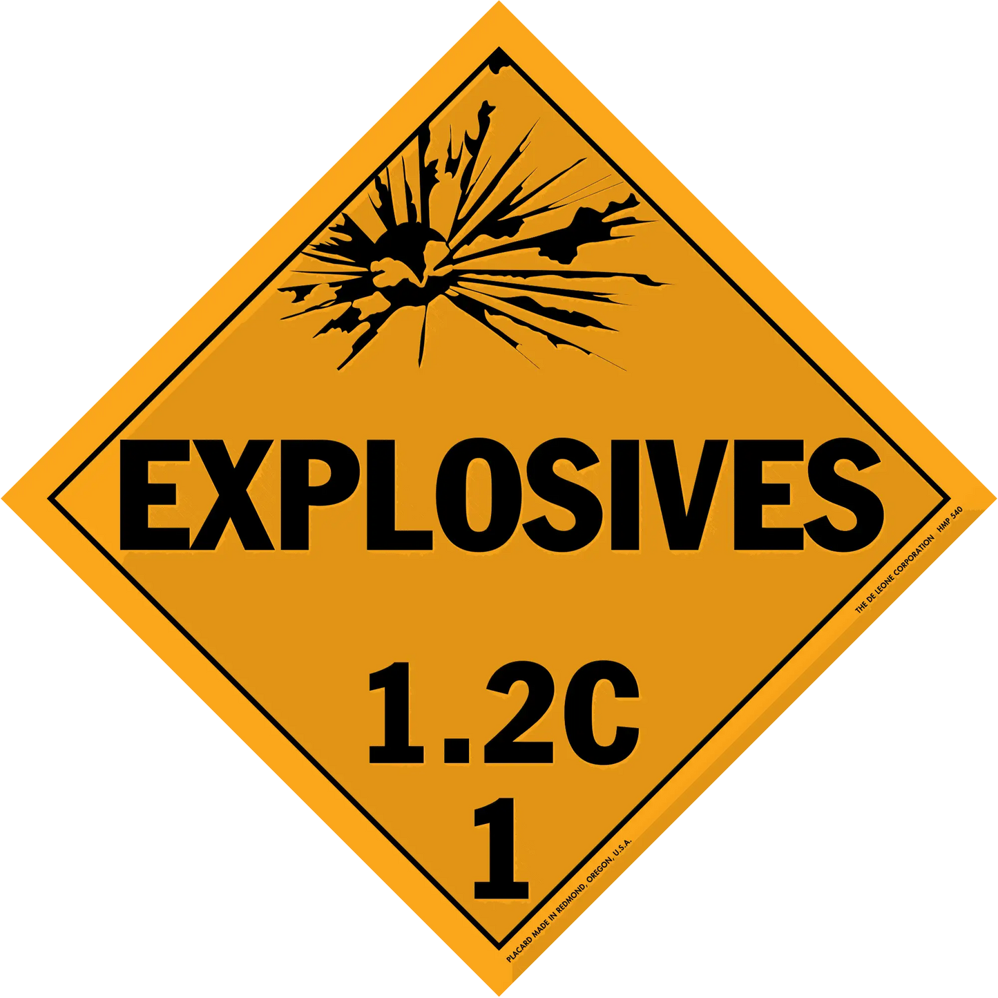 Diamond-shaped orange warning sign for explosives with classification code 1.2C.