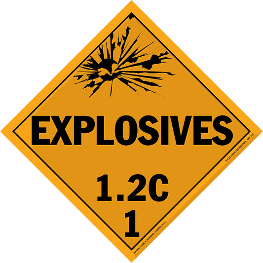 Diamond-shaped orange warning sign for explosives with classification code 1.2C.