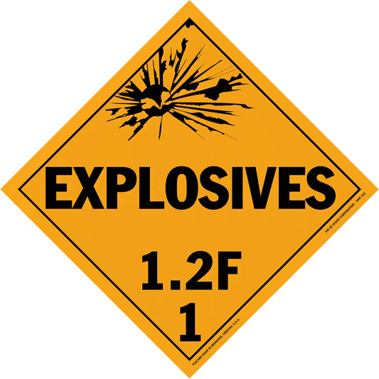 Diamond-shaped orange warning sign for explosives with classification 1.2F.