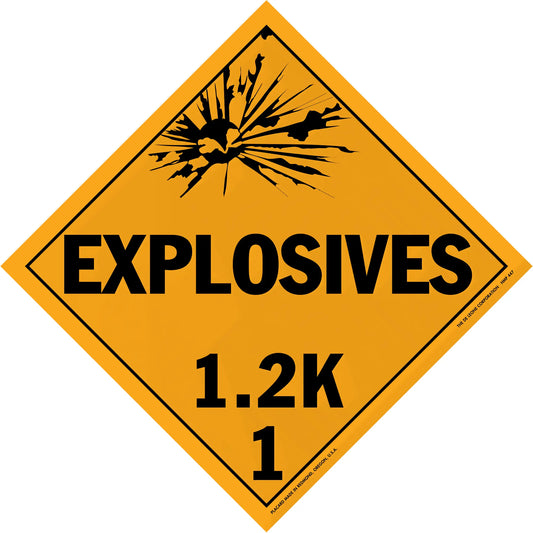 Diamond-shaped orange warning sign for explosives with hazard class 1.2K.