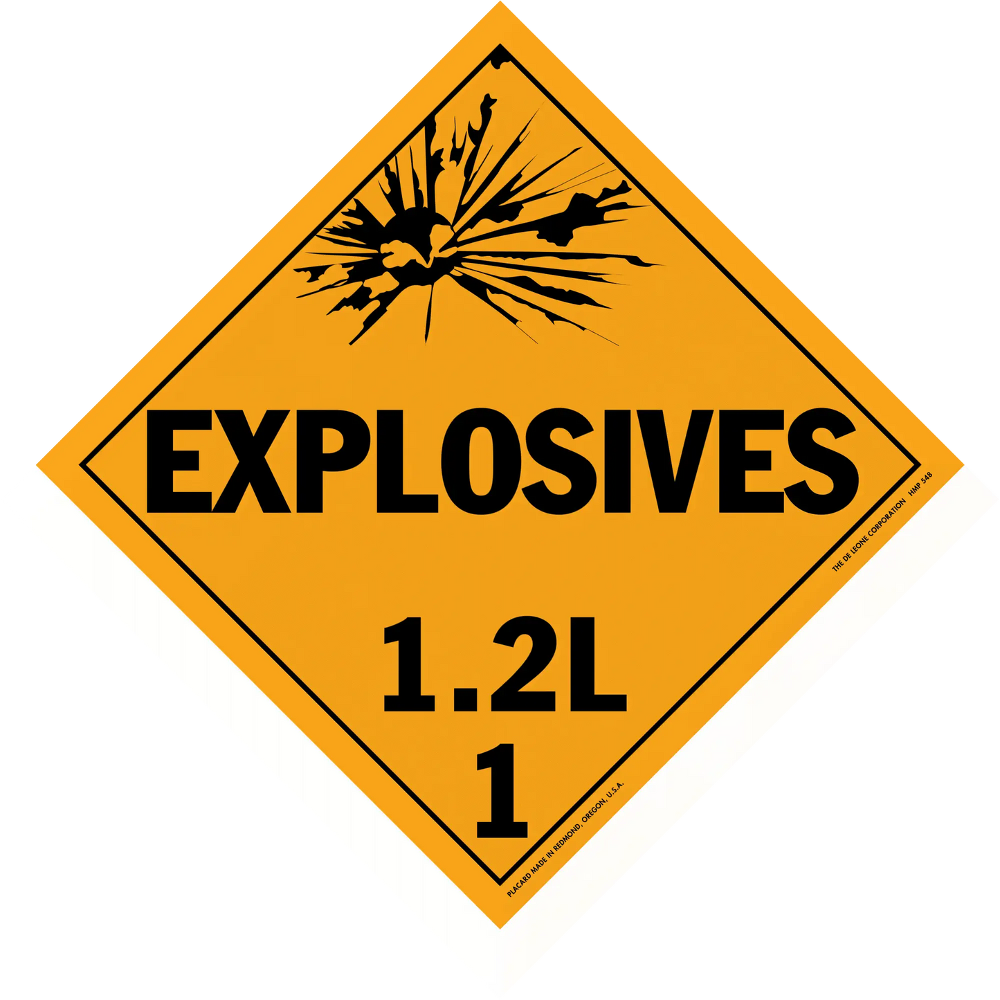 Diamond-shaped orange warning sign for explosives with hazard class 1.2L.
