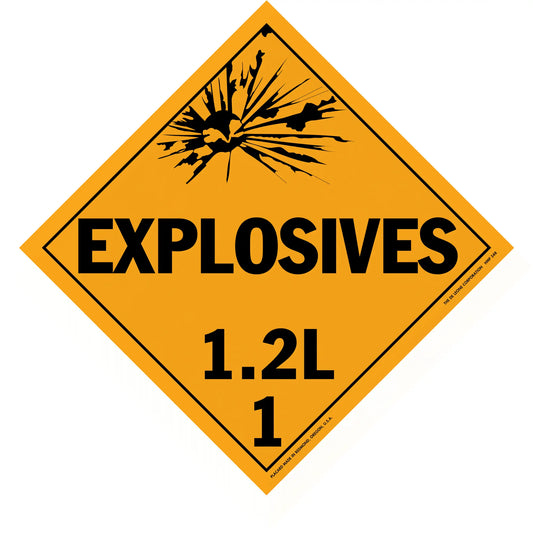 Diamond-shaped orange warning sign for explosives with hazard class 1.2L.