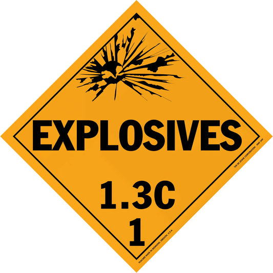 Diamond-shaped orange warning sign for explosives class 1.3C hazardous materials.
