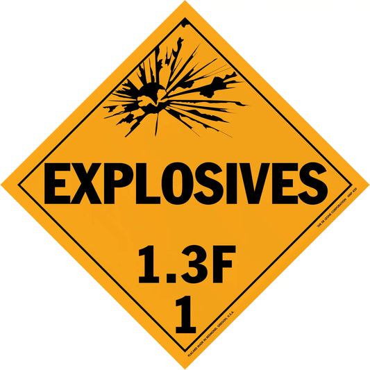 Diamond-shaped orange warning sign for explosives class 1.3F hazardous materials.
