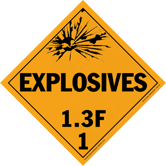 Diamond-shaped orange warning sign for explosives class 1.3F hazardous materials.