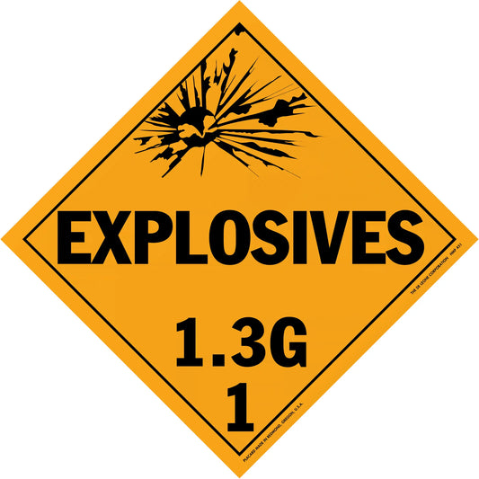 Diamond-shaped orange warning sign for explosives class 1.3G hazardous materials.