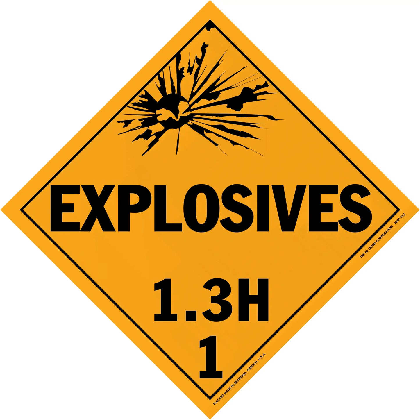 Diamond-shaped orange warning sign for explosives with hazard class 1.3H.