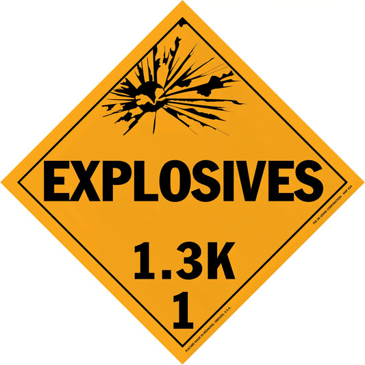 Diamond-shaped orange warning sign for explosives with classification code 1.3K.