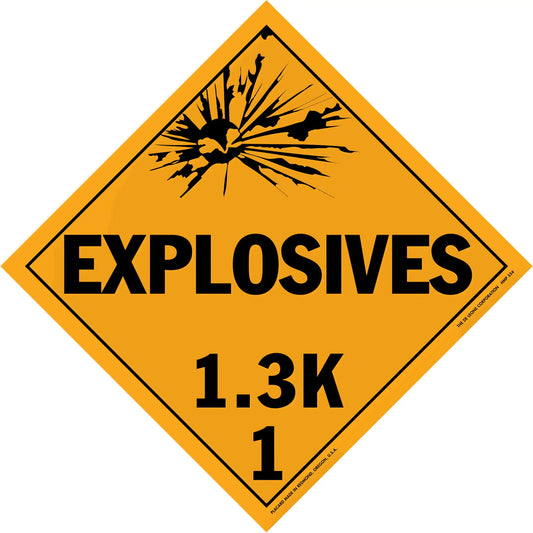 Diamond-shaped orange warning sign for explosives with hazard class 1.3K.