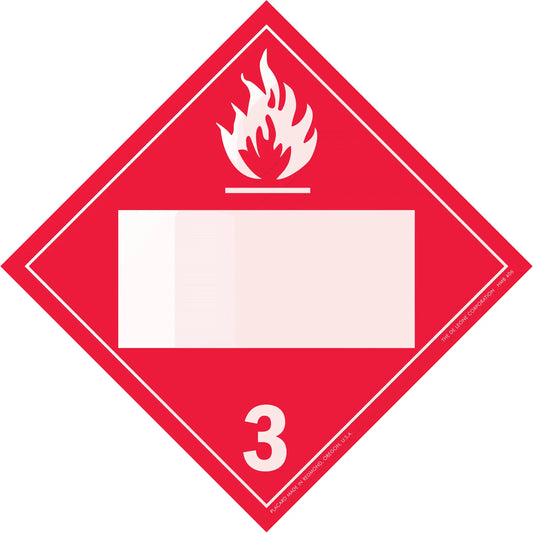 Red diamond-shaped hazard placard with flame symbol and number 3, indicating flammable liquids.