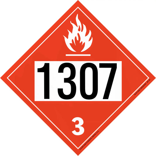 Red diamond-shaped hazardous material placard displaying ’1307’’ and ’3’’ with a flame symbol.