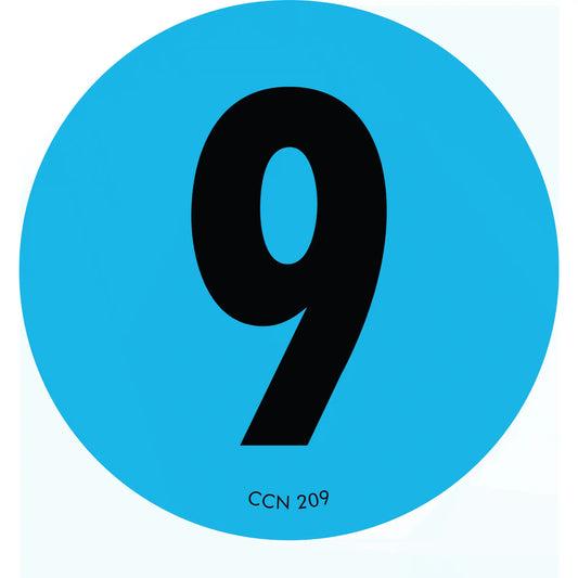Black number 9 on a light blue circular background.