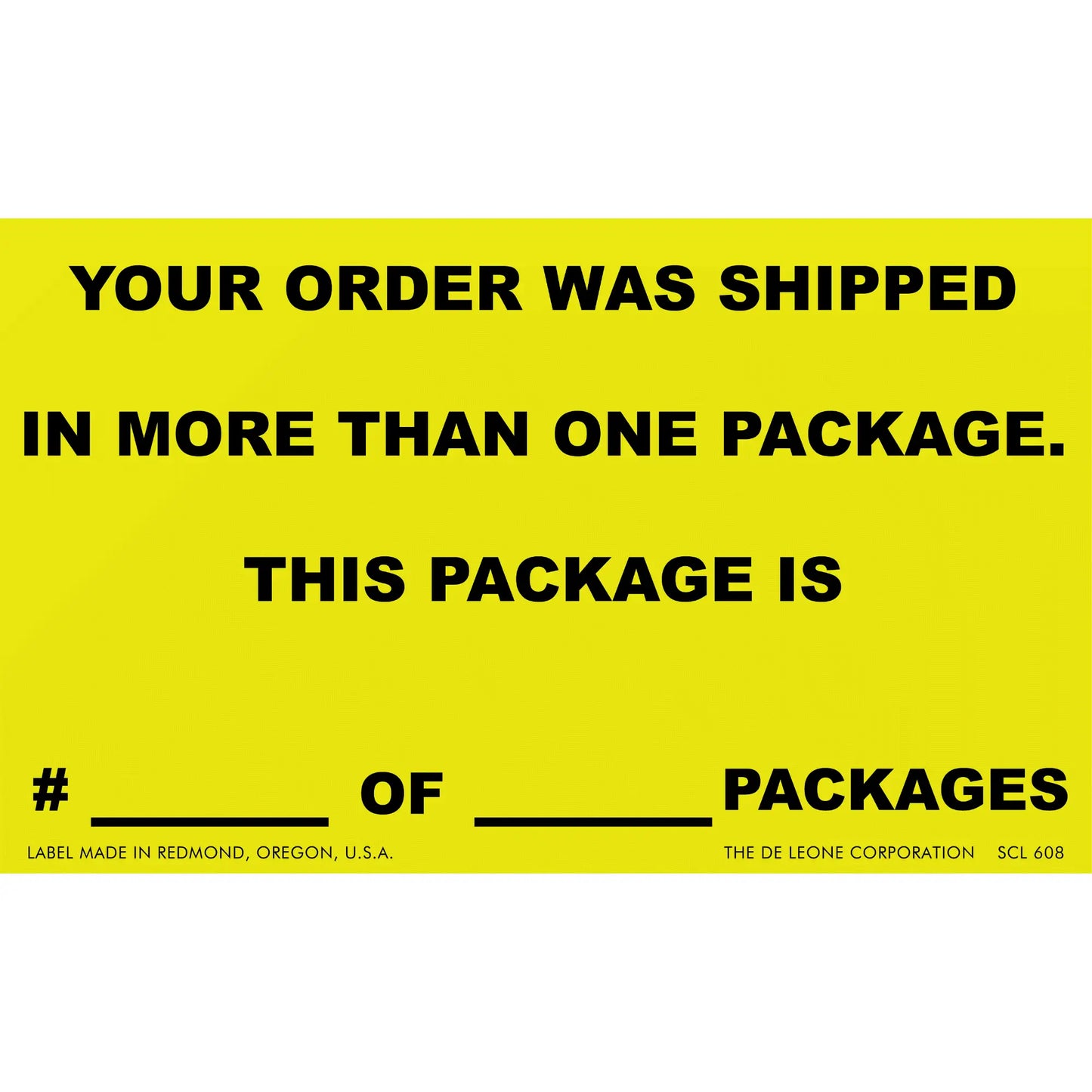 Yellow shipping label indicating multiple packages in an order with blank spaces to fill in package numbers.