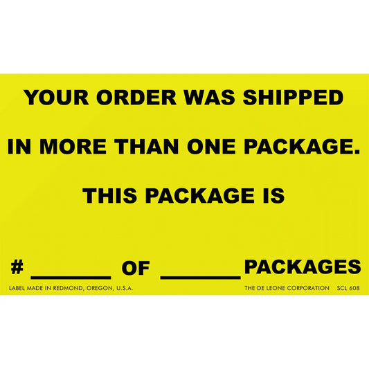 Yellow shipping label indicating multiple packages in an order with blank spaces to fill in package numbers.