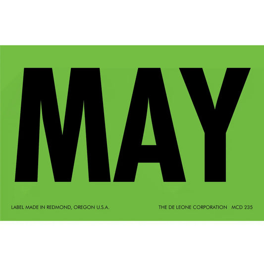 Bold black text spelling ’MAY’ on a green background.