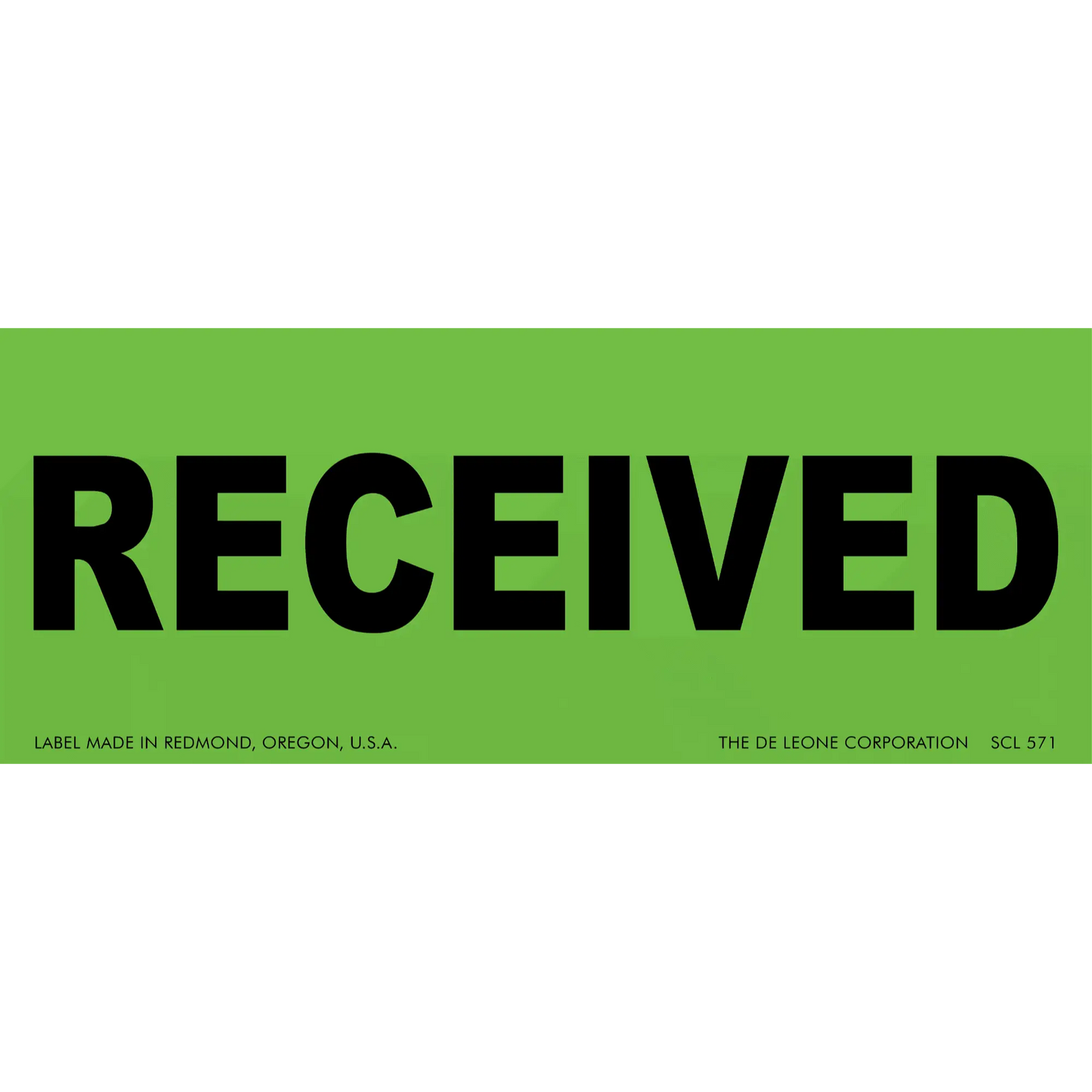 Green label with black text reading ’RECEIVED’