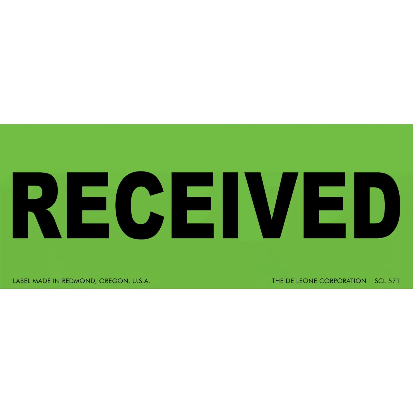 Green label with black text reading ’RECEIVED’