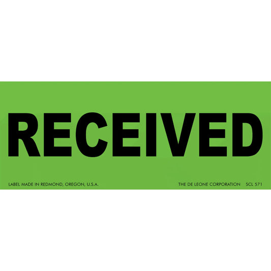 Green label with black text reading ’RECEIVED’
