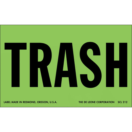 Bold black text reading ’TRASH’ on a green label.