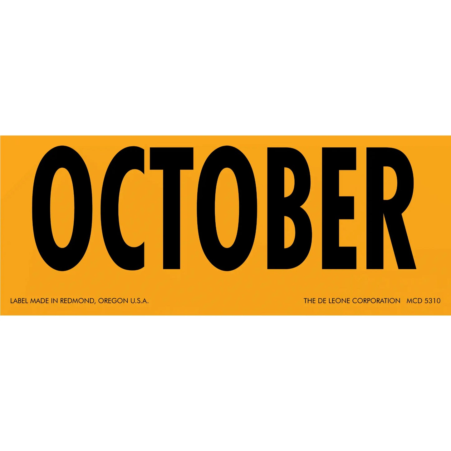 Orange rectangular label with ’OCTOBER’ in black text.