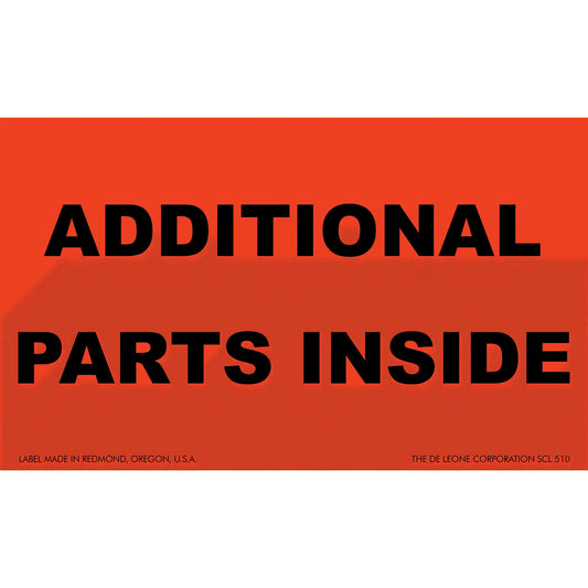 Red shipping label with black text reading ’ADDITIONAL PARTS INSIDE’