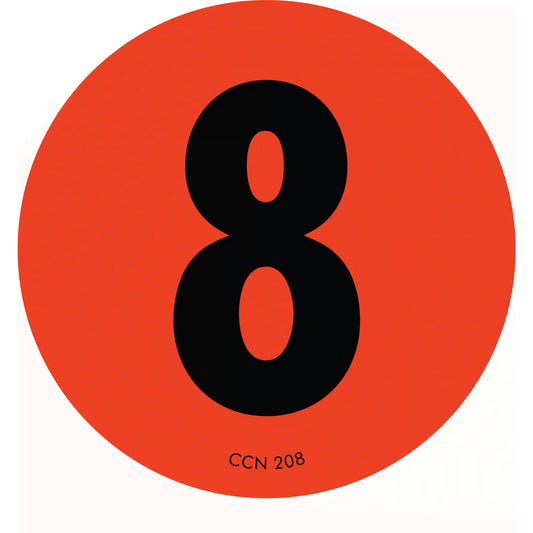 Black number 8 on a red circular background.