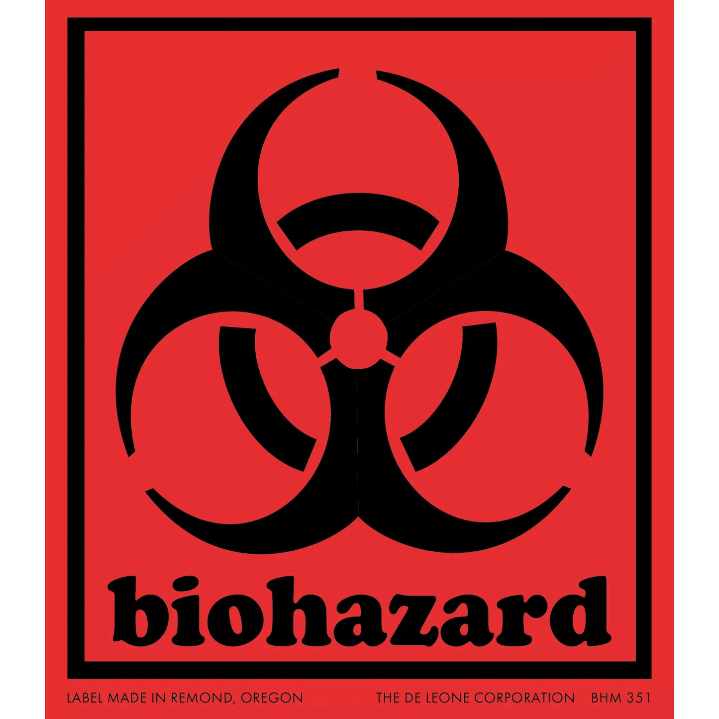 Black biohazard warning symbol with text on a red background.