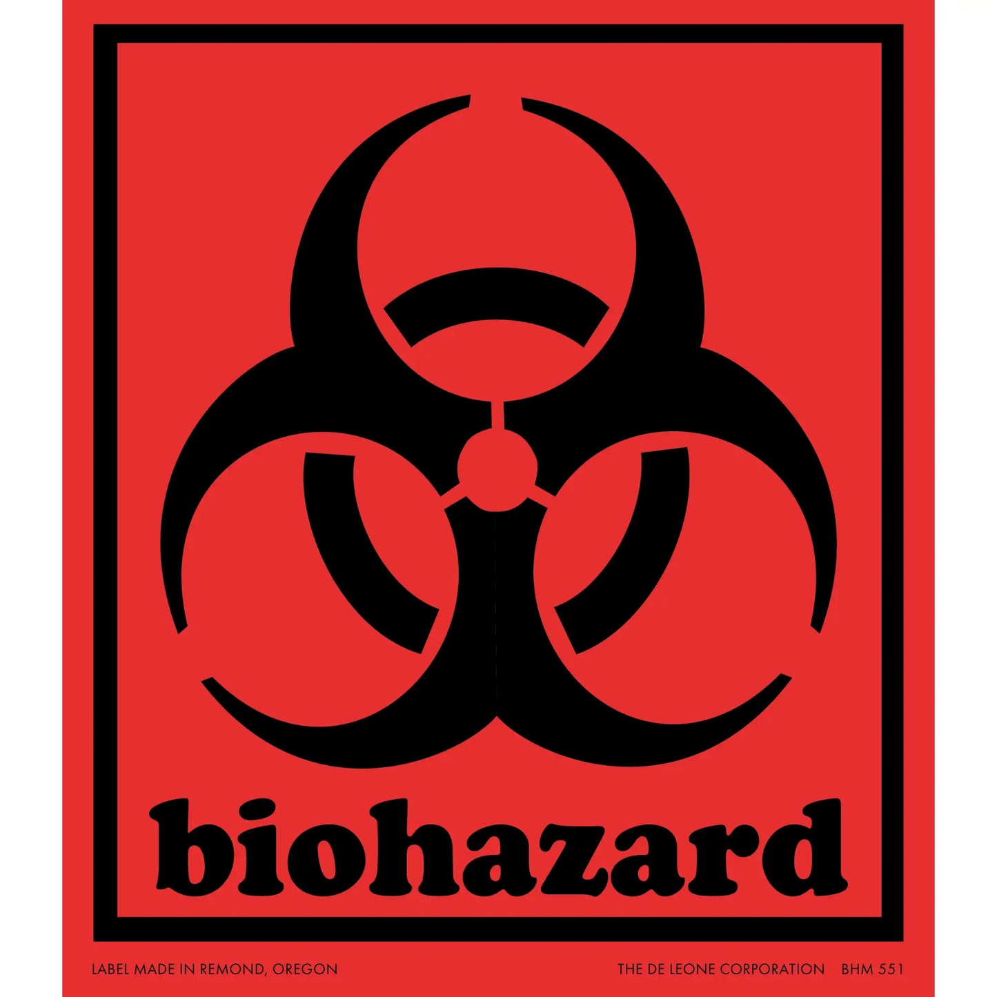 Black biohazard warning symbol with text on a red background.