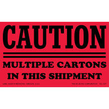 Red caution label warning about multiple cartons in a shipment.