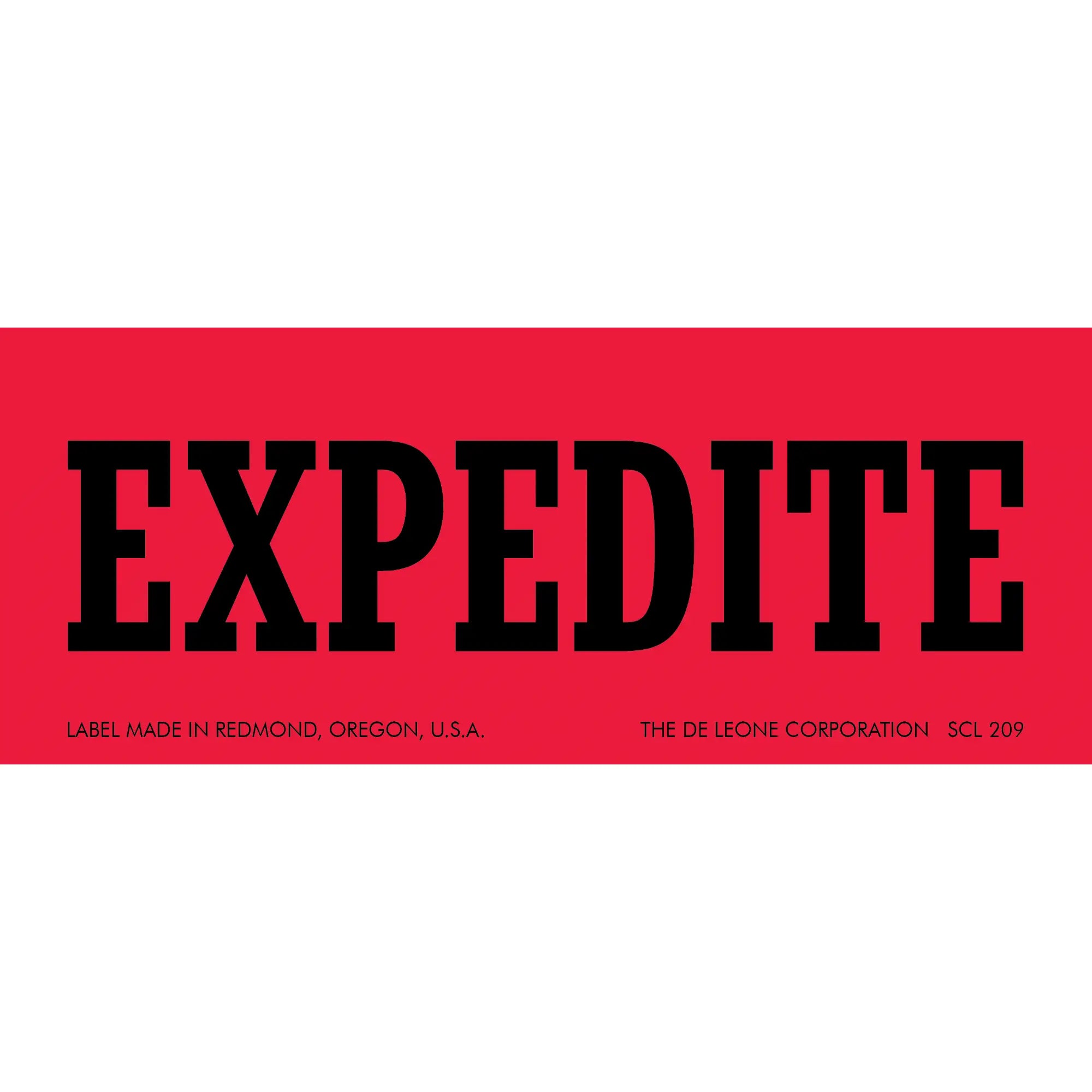 Red label with black text reading ’EXPEDITE’