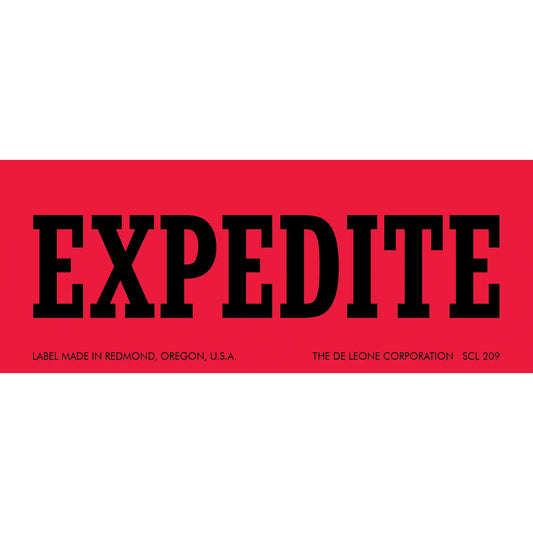 Red label with black text reading ’EXPEDITE’