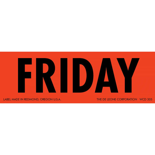 Red label with ’FRIDAY’ printed in black text.