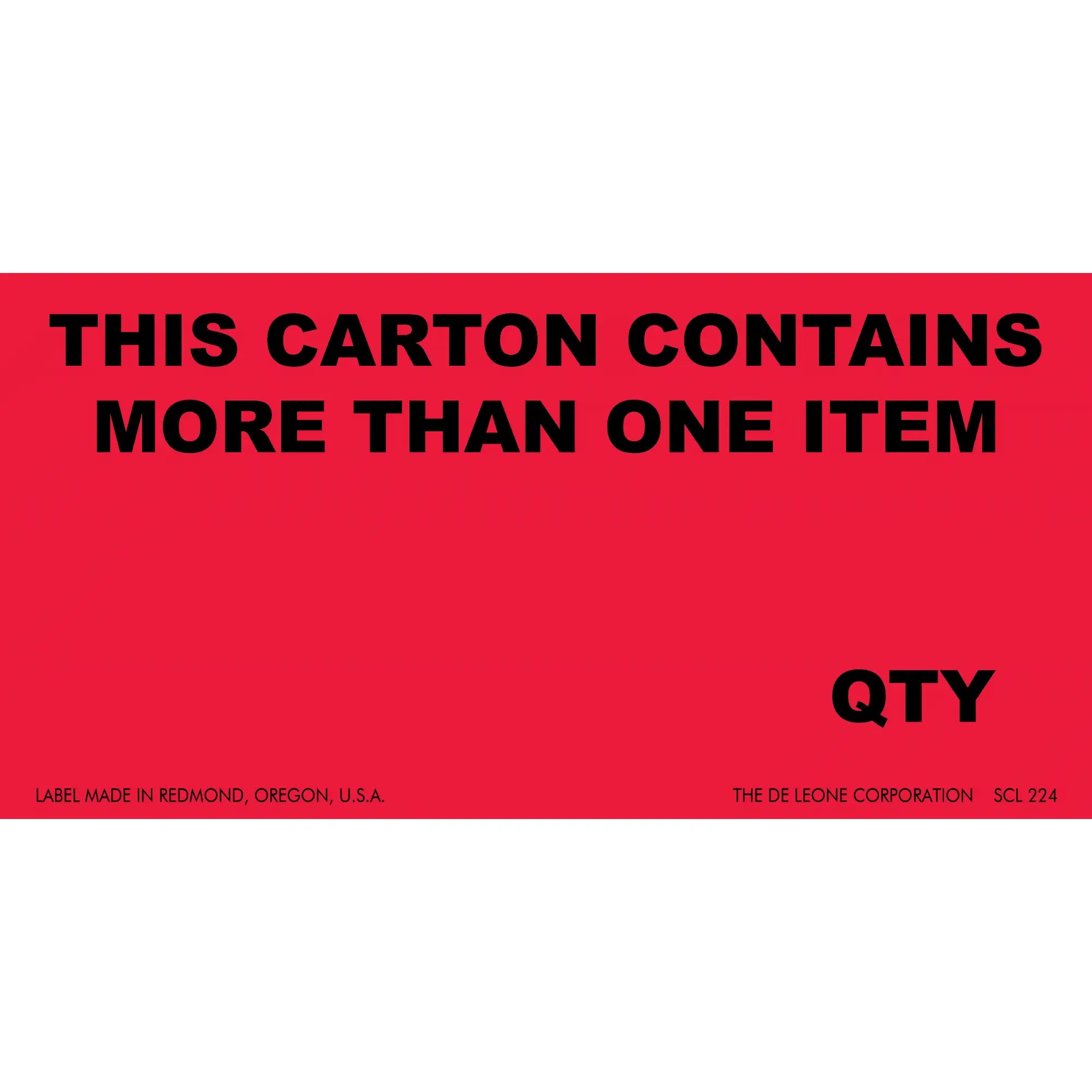 Red shipping label with black text warning about multiple items in a carton.