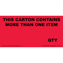 Red shipping label with black text warning about multiple items in a carton.