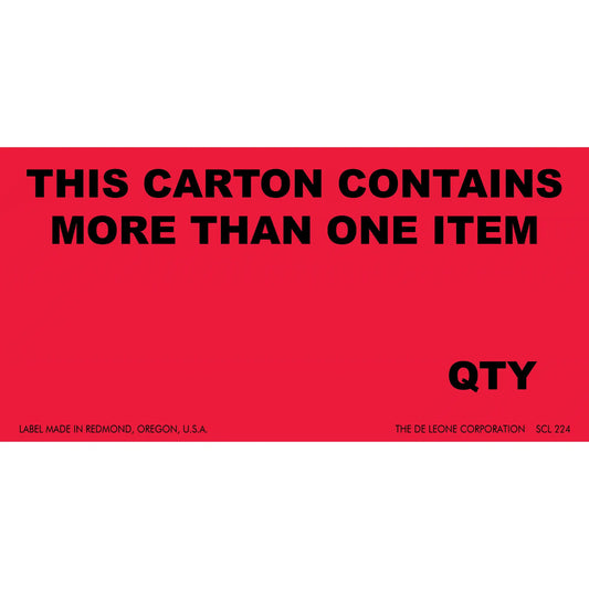 Red shipping label with black text warning about multiple items in a carton.