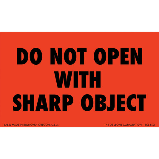 Red warning label with black text reading ’DO NOT OPEN WITH SHARP OBJECT’