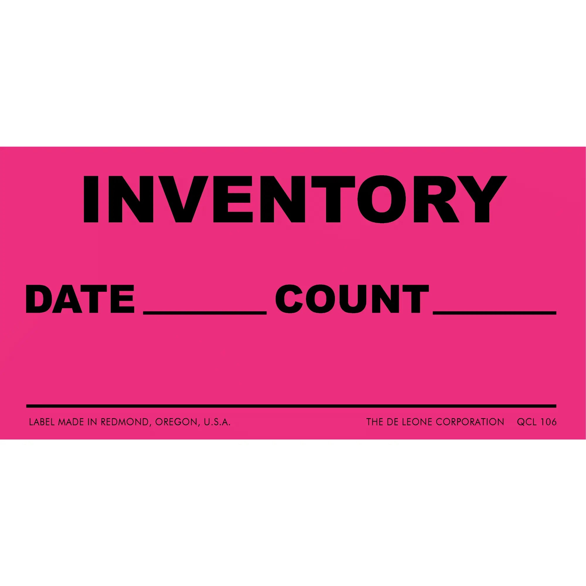 Pink inventory label with spaces for date and count information.