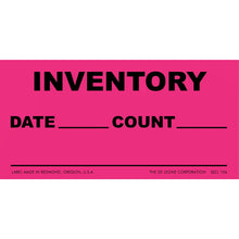 Pink inventory label with spaces for date and count information.