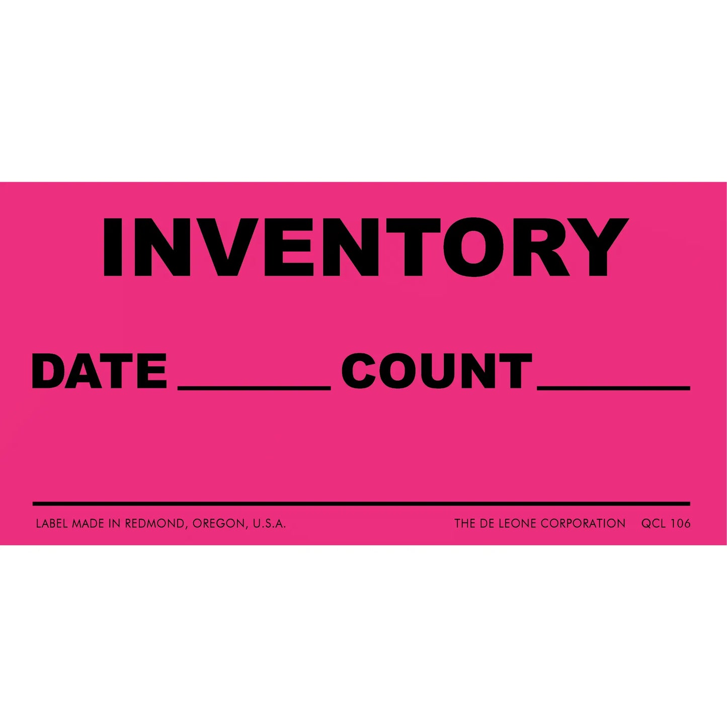 Pink inventory label with spaces for date and count information.