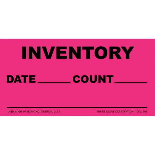 Pink inventory label with spaces for date and count information.