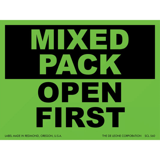 Green and black label with text reading ’MIXED PACK OPEN FIRST’