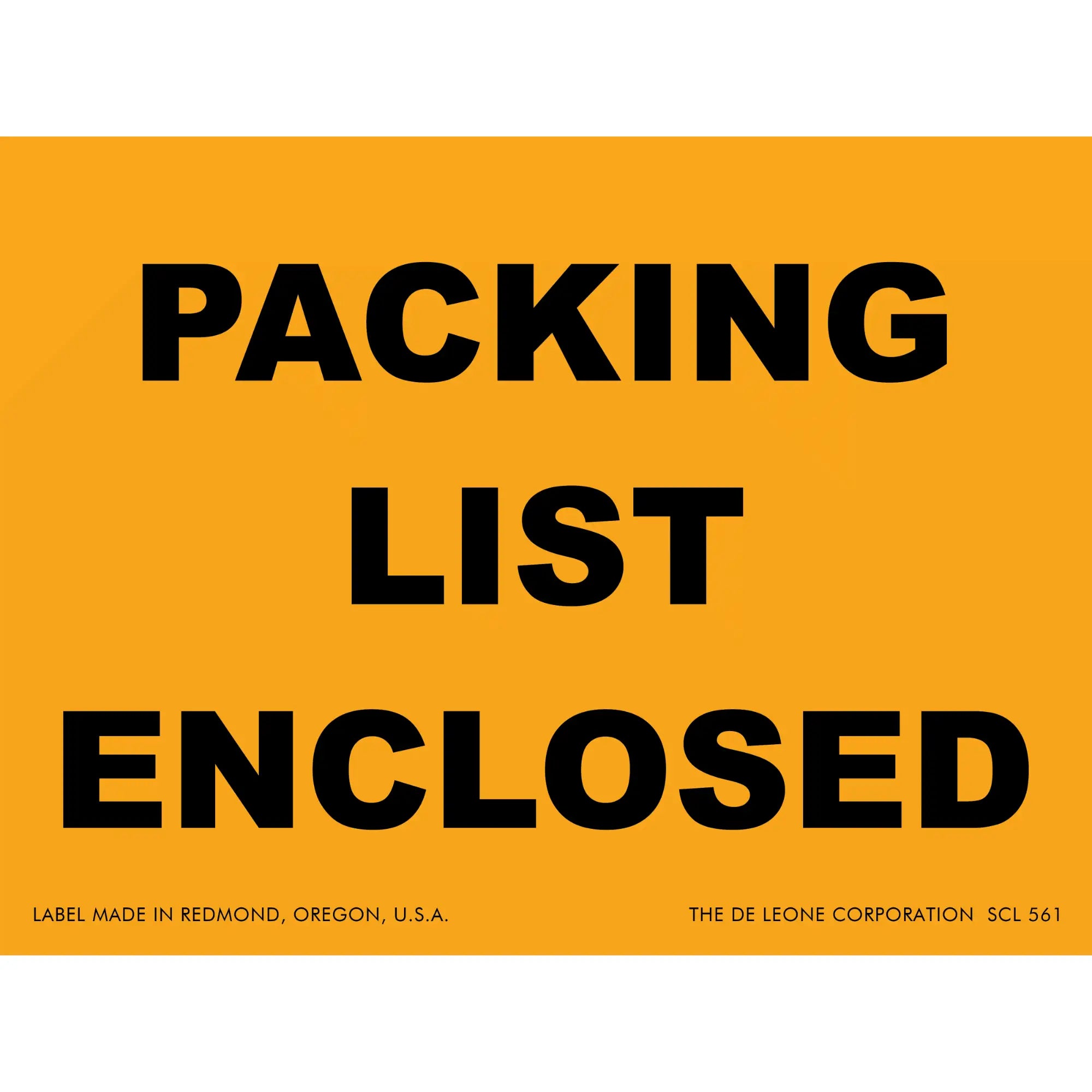 Orange shipping label with black text reading ’PACKING LIST ENCLOSED’